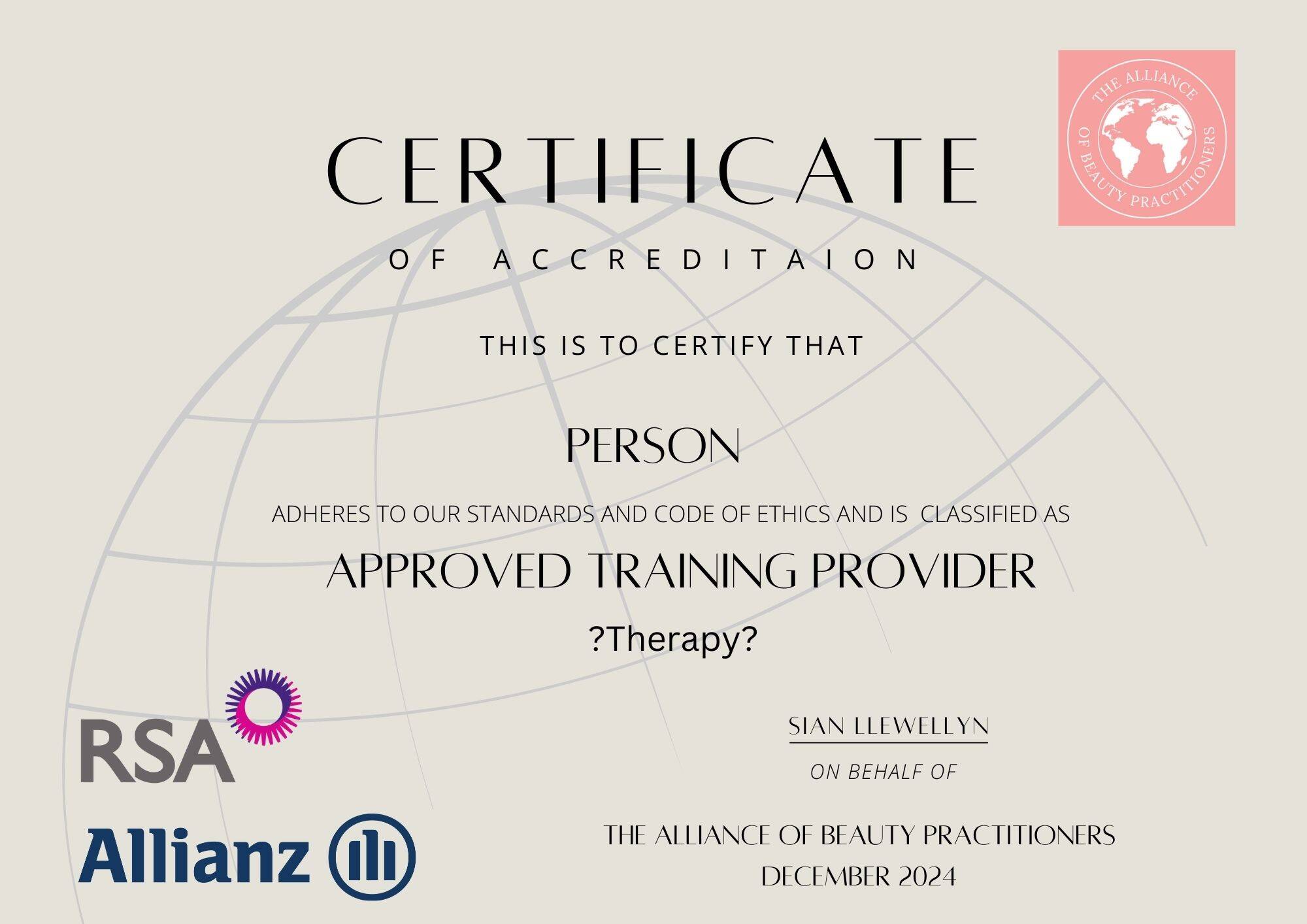 A Template certificate showing accredited beauty training courses